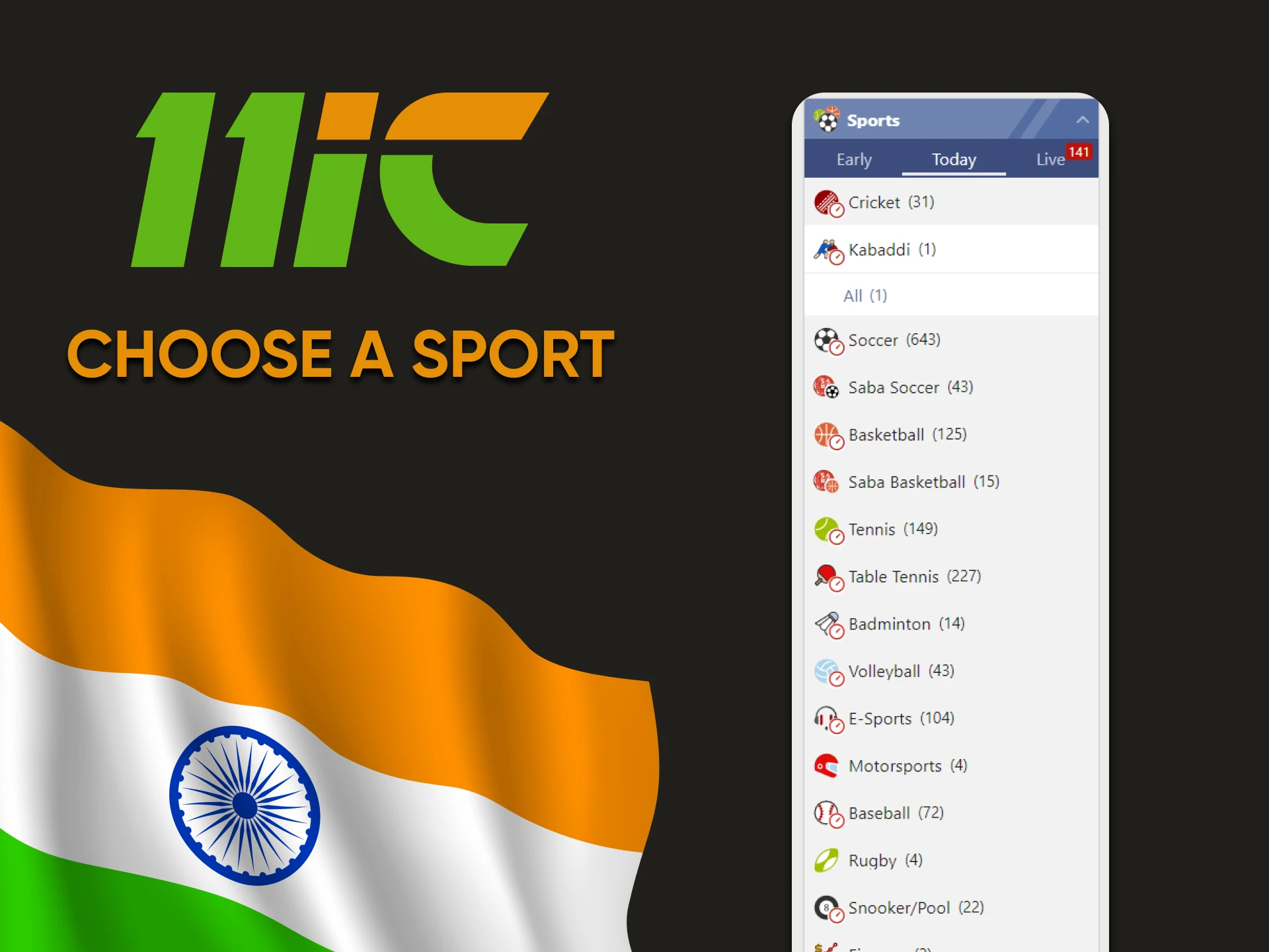 Find the sport you want to bet on on 11ic.